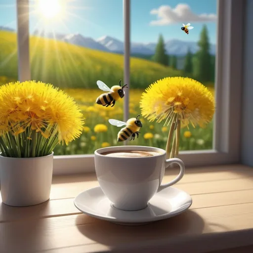 Prompt: a cup of coffee on the table, a bouquet of dandelions, a flower field in the background, sunlit windows, 3D bee, energetic mood, bright optimistic beautiful, realistically beautiful 3D cartoon drawing