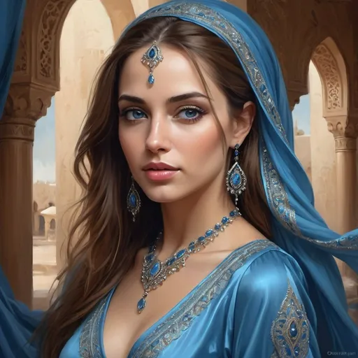 Prompt:  a painting of a woman in a blue dress, beautiful fantasy art portrait, beautiful fantasy portrait, beautiful fantasy painting, arabian art, beautiful portrait oil painting, detailed beautiful portrait, beautiful character painting, very beautiful fantasy art, beautiful female portrait, painting of beautiful, gorgeous digital painting, beauty woman with detailed faces, in stunning digital paint, beautiful digital painting, beautiful portrait image