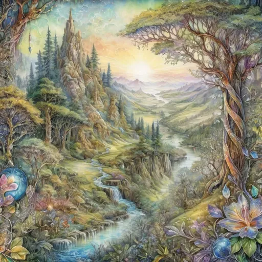 Prompt:  ornament of a fabulous landscape, ornament,
forest, gentle, light, transparent spring, ornament, in style Josephine Wall, grunge, intricate, map,careful drawing, watercolor, dot graphics, natural colors ,Grotesque , Micro detailing, Art botanical