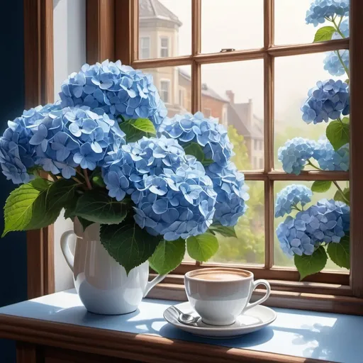 Prompt: By the window, a cup of espresso coffee, steaming hot,standing on a saucer, a bouquet of fluffy blue hydrangeas, a beautiful spring garden outside the window, high detail, realistic, three-dimensional drawing,
thin neon ink,
contour with a very thin pen