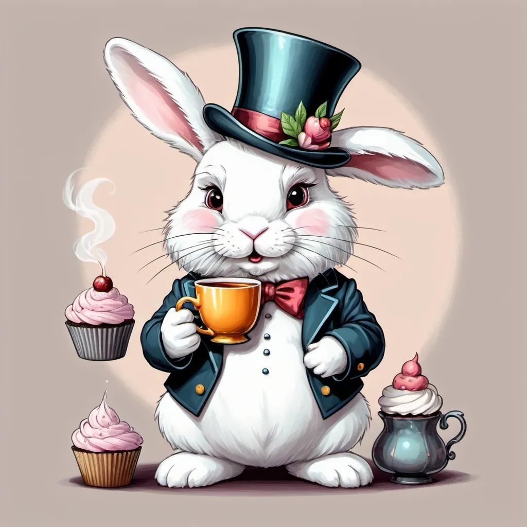 Prompt: cartoon fluffy white rabbit in a top hat with a cup of tea in his hands, there is a cupcake next to it , without a background, fantasy is beautifully fabulous , drawing