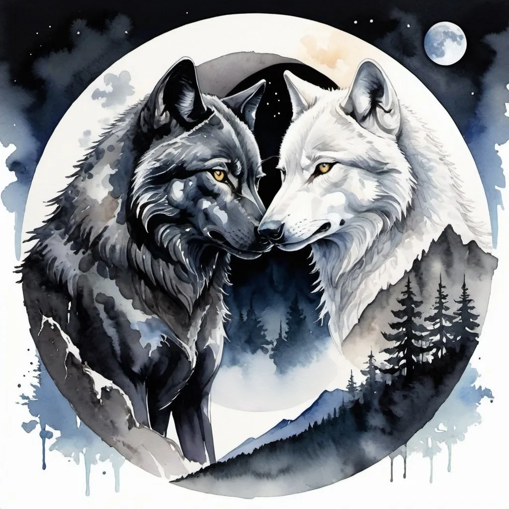 Prompt: two wolf faces facing each other in front of the full moon, a black wolf and a white wolf like yin and yang, a detailed landscape with mountains and forest in the background, bright, dynamic, watercolor rendering in ink.