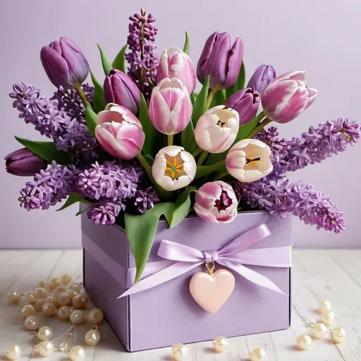 Prompt:  a bouquet of tulips and lilacs in a lilac box, 🎀 on a ribbon with a heart frame, pearl beads, beautiful flowers, a colorful bouquet of flowers