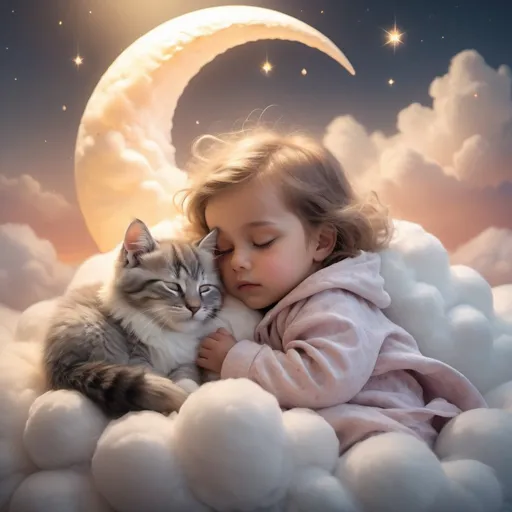 Prompt: Magic Realism, winter, 2-years-old-tiny-little-kid-cute-girl,little  baby girl with cute pajamas, sleeping with her cute sleeping kitty, lying down on a soft billowing cotton cloud, illuminated face, radiating a sense of otherworldly beauty and serenity, eyes open soft shiny hair, dainty, delicate, warm pastel, bright sparkles, crescent moon, rim lighting, luminescent, Soft airbrush concept art, soft textures, glowing effect, shiny porcelaine skin, soft lighting, volumetric lighting, realm of dreams, floating over the clouds, golden hour, dynamic pose, dreamscape background, sunset,coloring book  grayscale 