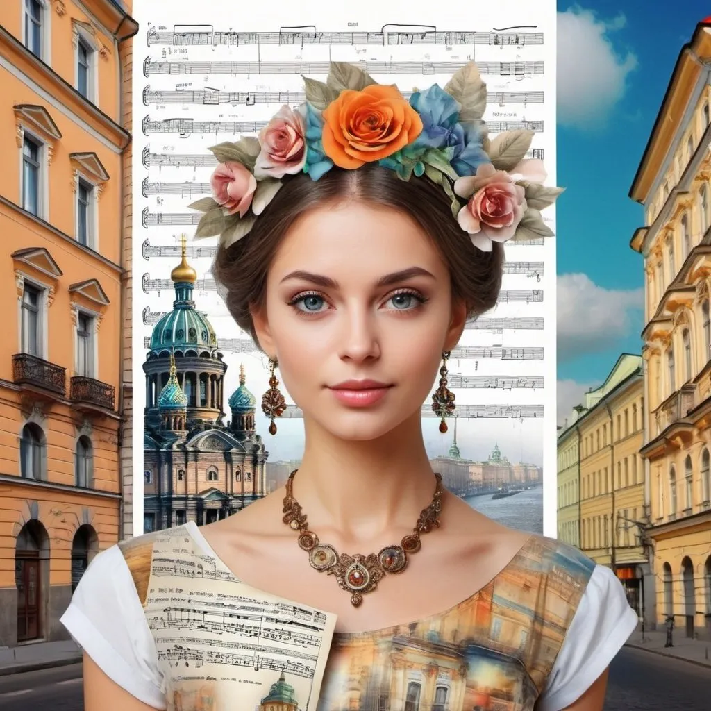 Prompt: in love with St. Petersburg
collage drawing, sheet music, sheet music, jewelry ornaments. Scrapbooking design. composition of: portrait of beautiful eyes smartly dressed, against a recognizable street background and famous buildings of the St. Petersburg landscape. atmosphere of happy, sunnyday. photo realistic and magical in style. rich colorful! illustration. hyperdetailed, uhd, ivaV, 3D visualization. amazing,interesting. in style Karol Bak + Shishkin. attention to detail. clear contours. botanical digital art. photorealistic]