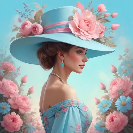 Prompt:  a medium quality digital painting of a (Portrait) woman in (exquisite) dress and hat in baby blue and pink, surrounded by flowers, vintage style, bright colors, soft light, surrealism, rear view, detailed, art, floral design, woman portrait , close-up, colorful, digital art, 4k.