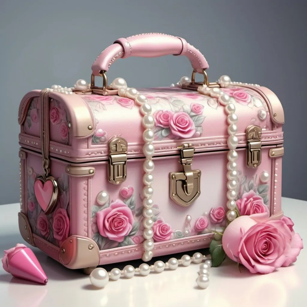 Prompt: handbag on a white table, intricate detailed illustration, lipstick, real pearls, incredibly beautiful box, many hearts, in a suitcase, pink roses, airbrush, sweetly smiling, feminine beauty, fantasy fabulously beautiful 3D pencil drawing, computer graphics