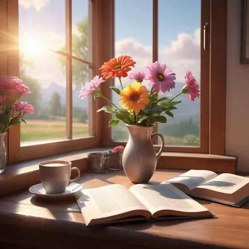 Prompt: vase with flowers next to a cup of coffee, open book, glasses, sunny landscape, light coming through the window, gentle mists, wow, how beautiful, 3D art station,colorful, realistic, with high detail, animated 3D graphics, stunning matte painting,