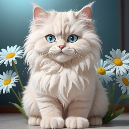 Prompt: Fluffy cat holding a bouquet of daisies, ice blue eyes, happy appearance, realistic cartoon, r/aww, hd, beautiful, colorful, realistic, with high detail, animated 3D graphics, stunning