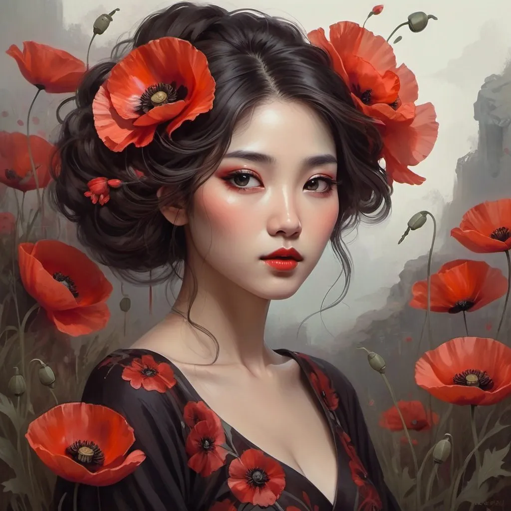Prompt:  woman with red flowers in her hair, breathtaking fantasy art, charming languid gaze, dark makeup, Asian, detailed dress and face, soft shadow, poppies, stylized painting, dark chocolate hair color
