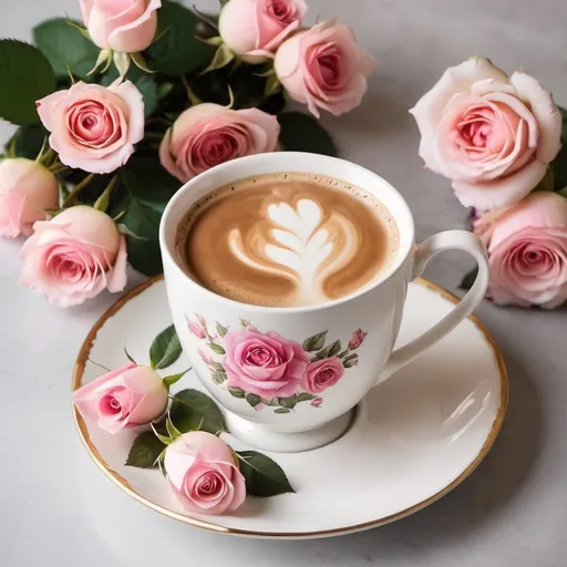 Prompt:  Treat yourself to a moment of tranquility with this exquisite cup of coffee, decorated with delicate pink roses. 🌸☕ Coffee Lovers, Floral Delight, Morning Bliss