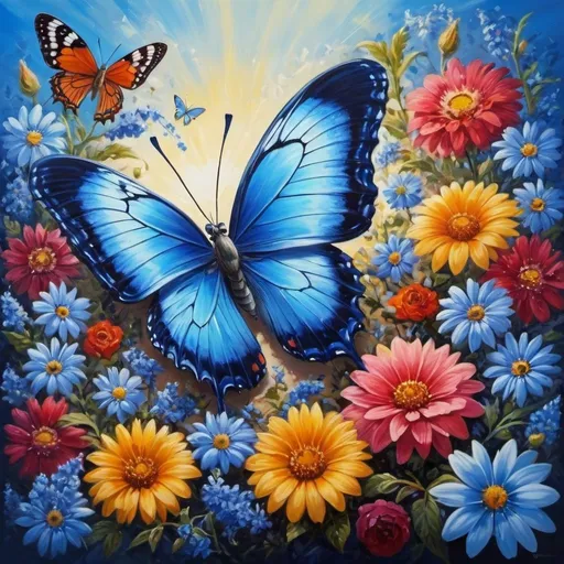 Prompt: blue butterfly surrounded by flowers and moths, beautiful color , within radiant connection, happy sunny day, beautiful deep colors, ornate, macro , bright, saturated, beautiful deep colors, beautiful pattern, acrylic