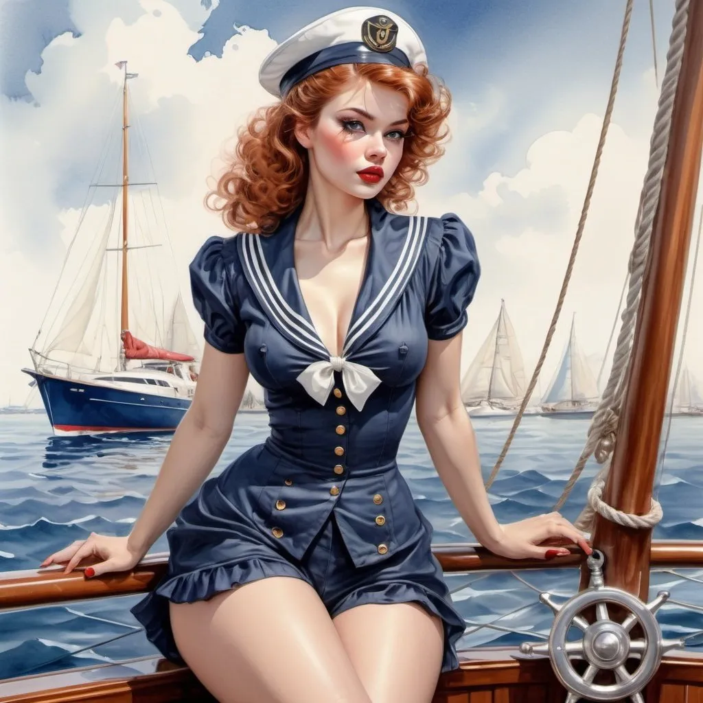 Prompt:   beautiful pinup woman, wear a sailor outfit, on a yacht high detailed background, Louis Royo's watercolor fantasy influenced by Konstantin Razumov's flair, style by Tim Burton, very detailed beautiful art, digital painting, very realistic softly backlit, digital art filigree accents, boasting an extremely magical aesthetic, digital painting employing wlop, artgerm, and James Jean's techniques