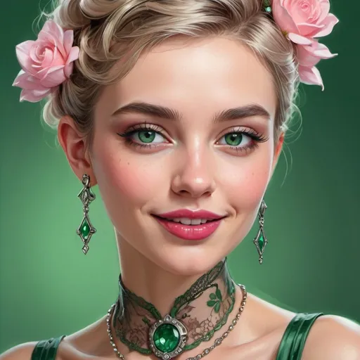 Prompt: realistic sketch close up portrait of a beguiling beautiful glamour pixie blossom girl, smile, aristocrat, green, pink, silver, light bionical, salomon palette, expensive jewelry, filigree, emerald, steampunk style, louis vuitton style, scarlet lipstick, fashion model, close up