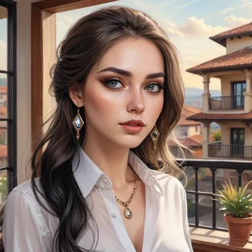 Prompt: a woman, perfect face, expressive eyes, in a white shirt and black skirt, stylized makeup on her face, long coffee-colored hair,elegant sparkling jewelry, a house in the background, realistic fantasy drawing, ultra-realistic, beautiful, colorful, realistic, high detail,rim light, animated 3D graphics, stunning watercolor painting,