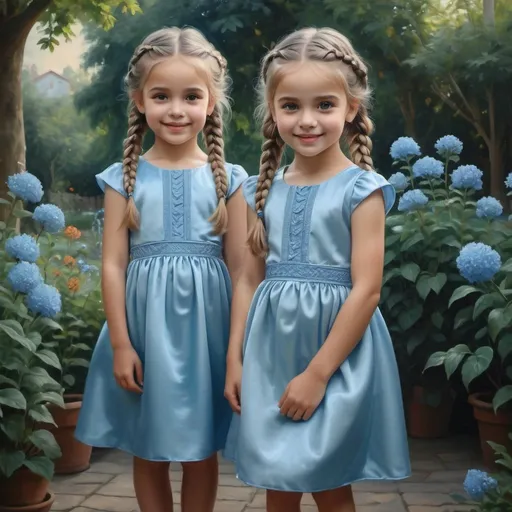 Prompt: two little girls, smiling sweetly, in soft blue satin dresses, hair braided, standing next to each other in a beautiful garden, beautiful portrait of twins, stunning detailed painting, highly detailed oil painting, beautiful art uhd 4 k, highly detailed oil painting , detailed soft painting, very detailed oil painting, young girls,