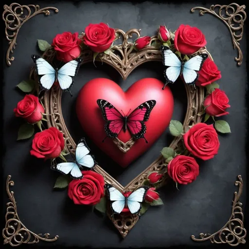 Prompt: a heart shaped frame with roses and butterflies, a picture inspired by Valentine Hugo, pinterest, gothic art, hearts symbol, love is begin of all, love os begin of all