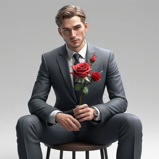 Prompt: sitting man in a suit with a rose, male art, fantasy beautifully realistic, no background, 3D drawing, computer graphics illustration high resolution, high detail, 30mm lens, 1/250s, f/2.8, ISO 100
