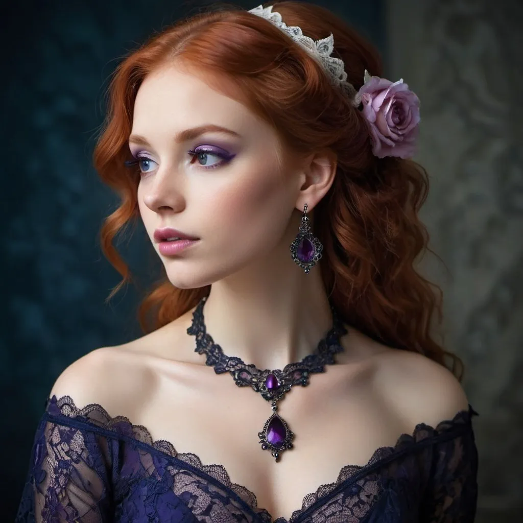 Prompt: Beautiful redhead, perfect delicate face and perfect figure, elegant pose, very nice lace dress, necklace and earrings, neat, elegant, (((((improved aesthetics)))) the best very beautiful face result, Gothic overtones,   clear focus, studio photography, deep blue, purple, pink hues, rococo, victorian,   mysterious,magical ambiance, masterpiece