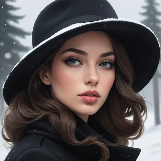Prompt:  a woman wearing a black hat and coat in the snow, trend in art station, beautiful feminine face, discord pfp, unusually unique beauty, glamorous fashion pose, profile image, inspired by Vladimir Tretchikoff, realistic shaded perfect face, beautiful queen, very beautiful photo, style of ian hubert, stunning ski
