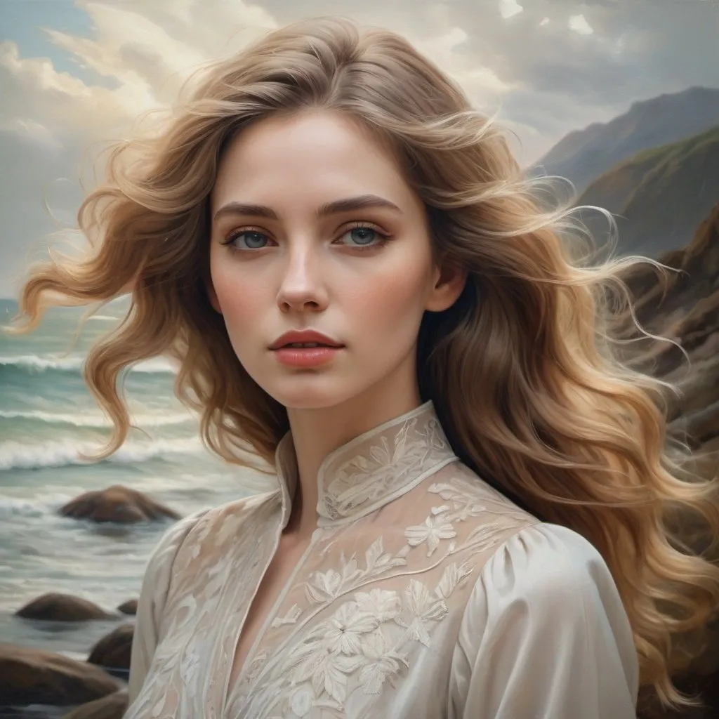 Prompt: A mesmerizing oil painting depicting a stunning woman with white, flowing waves of hair framing her face. Her delicate make-up and charming play attract the viewer, the embroidered high-necked dress fits seamlessly into the muted background inspired by nature. The true colors of nature are expertly woven into the fabric of her dress, creating a cinematic and fantastic image that feels like a work of art., fashion, cinema, painting,extremely detailed and realistic skin texture, HDR, RAW. Photorealistic. Fine Art.