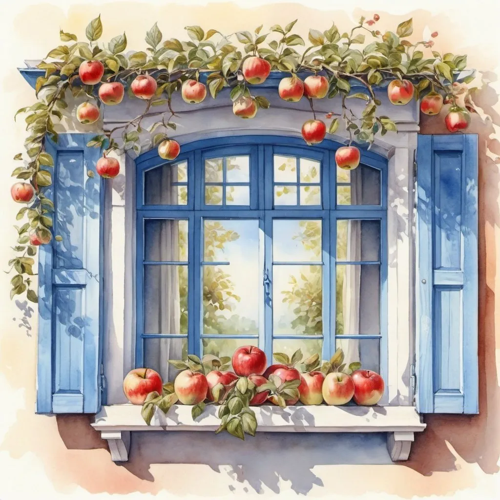 Prompt: painting of flowers and fruit on the window frame, blue shutters on the windows, beautiful, detailed, elegant, dreamy illustration of apples connected with nature by vines, noon, a look through the window frame of a gazebo, watercolor