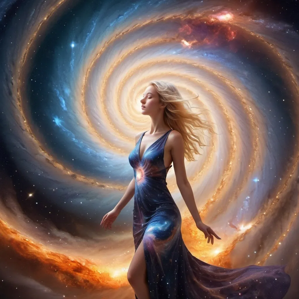 Prompt: a woman standing in front of a spiral galaxy, blonde girl in a cosmic dress, ascending universes, breathtaking digital art, in the elemental plane of fire, astral travel, in the astral plane ) ) ), breathtaking fantasy art, cosmic goddess, akashic, galactic energy, cosmic imagery, divine cosmic female power, pulled into the spiral vortex 