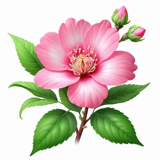 Prompt:  A blooming pink flower with green leaves and buds, on a white background, realistic , full-color airbrushing, Gujian, for a beautiful, shaded background, cartoon drawing with high detail,