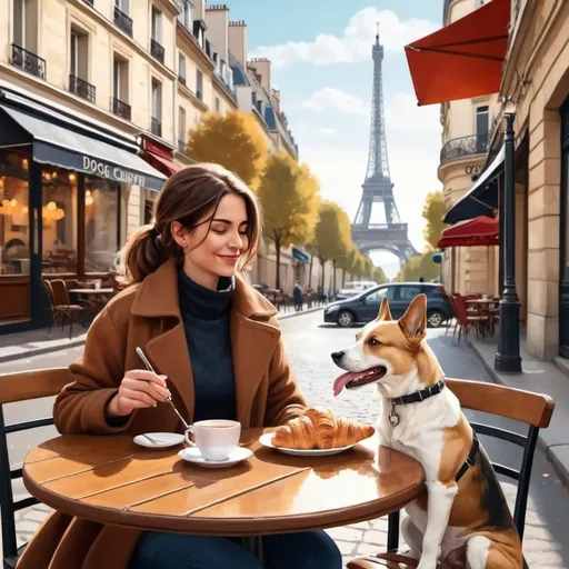 Prompt:  woman sitting at the table with a dog on a leash, and Parisian background, dog eating croissants in Paris, cozy cafe background, beautiful illustration,  