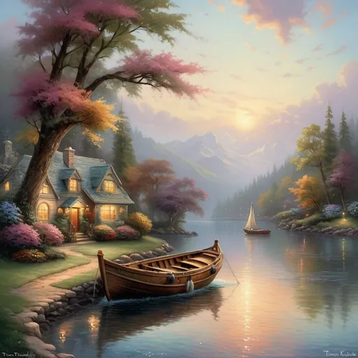 Prompt:  a painting of a boat on a body of water, a fine art painting by Thomas Kinkade, deviantart, magic realism, romanticism painting, dream scenery art, beautiful fantasy painting