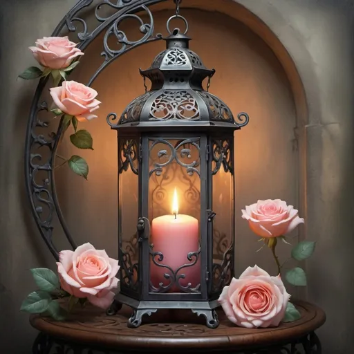 Prompt: a lantern hanging on a wrought-iron twisted stand with roses , a burning candle inside the phonor, realistic , fantasy with soft airbrushing, atmospheric lighting - n 9, exciting intricate filigree, pastel drawing , pencil drawing