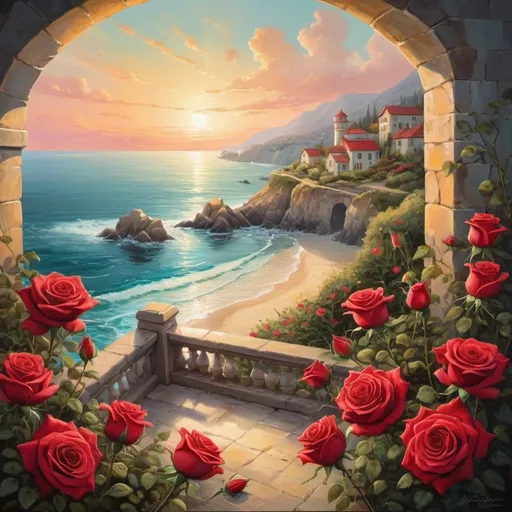 Prompt:  A mesmerizing painting depicting a breathtaking coastal landscape, framed in exquisite gold, adorned with vibrant red roses. The scene blends seamlessly with a whimsical double exposure, creating a magical and dreamlike ambiance. The colors burst with brilliance, captivating the viewer's imagination. This illustrative artwork showcases the artist's mastery in computer graphics, delivering high resolution and intricate details. The style evokes a sense of beauty and wonder, akin to a fairytale illustration. The lighting illuminates the scene with natural, soft light, accentuating the richness of the colors and enhancing the enchanting atmosphere. The painting is realized with a 30mm lens, capturing the scene with precision and depth. The camera settings of 1/250s, f/2.8, and ISO 100 ensure optimal clarity and sharpness, bringing the artwork to life.

 