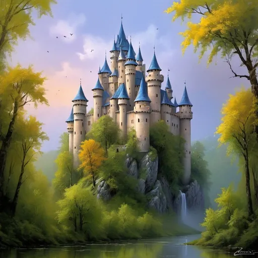 Prompt: a painting of a castle surrounded by trees, a detailed painting by Igor Zenin,  fantasy art, beautiful fantasy painting, fairytale painting, whimsical fantasy landscape art 
