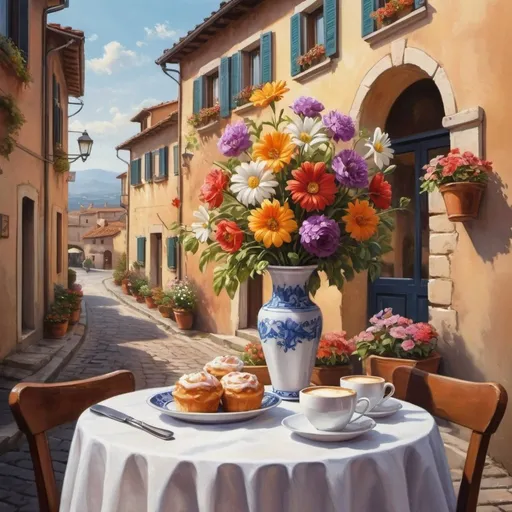 Prompt: a painting of flowers in a vase on a table, portrait of morning coffee, a beuatiful matte painting, pastry, italy, terraces, artistic!!! composition, cartoon painting, i  in a village street,    cappuccino, art print, awesome art