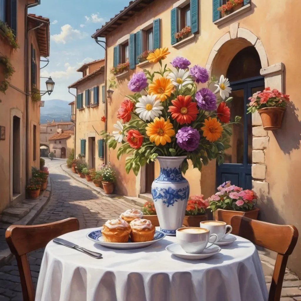 Prompt: a painting of flowers in a vase on a table, portrait of morning coffee, a beuatiful matte painting, pastry, italy, terraces, artistic!!! composition, cartoon painting, i  in a village street,    cappuccino, art print, awesome art