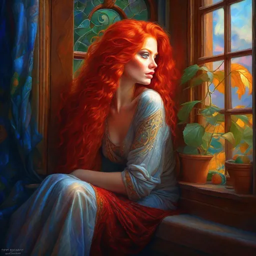 Prompt:  a woman with red hair sitting on a window sill, style of laura sava, beautiful fantasy art portrait, gorgeous digital painting, in stunning digital paint, beautiful fantasy portrait, stunning digital painting, by Tony Sart, beautiful fantasy painting, highly detailed digital painting, by Victor Nizovtsev, beautiful digital painting, beautiful portrait oil painting, redhead woman, by Alexander Kucharsky