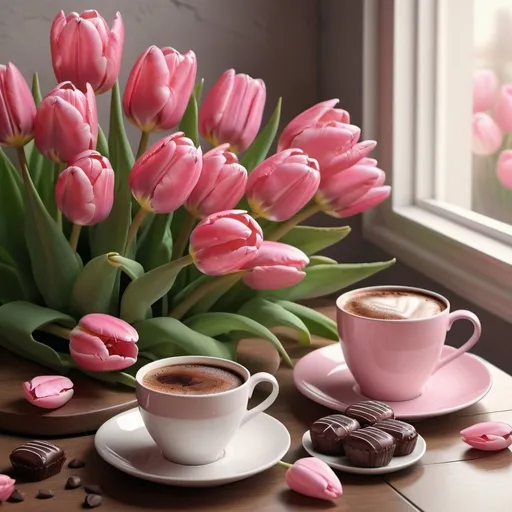 Prompt: a cozy moment with a cup of delicious coffee and chocolate sweets, a lying bouquet of pink tulips, a world of sweetness and warmth, exquisite rich design, beautiful, colorful, realistic, high detail, animated 3D graphics, stunning matte painting,