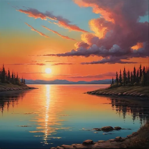 Prompt:  a painting of a sunset over a body of water, magic realism, romanticism painting, magic realism painting, romanticism art style

 