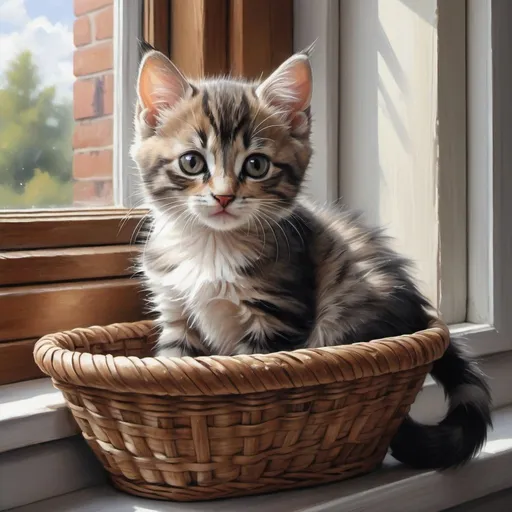 Prompt: a kitten sitting in a basket on a window sill, a photorealistic painting by Pamela Ascherson,   gothic art, beautiful cat, anime visual of a cute cat, cute ca   