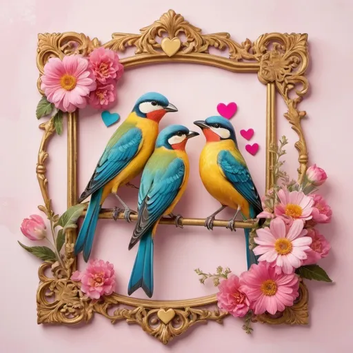 Prompt: Two colorful birds perched on a decorative golden frame surrounded by pink flowers and hearts.