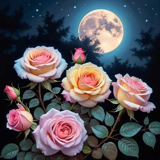 Prompt: pastel roses on the background of a full moon, luminous colors, night walks, ornate , macro , bright, saturated, beautiful deep colors, beautiful acrylic drawing