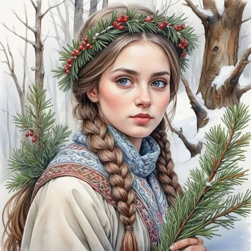 Prompt:  watercolor drawing, a very beautiful girl with expressive eyes, with long
eyelashes. a long, lush, complex braid. in full
height, in a Russian folk costume, holding a
fir branch, a winter forest, snow, bushes with berries, a hare
under a bush, a squirrel on a tree branch, pastel colors
hyperrealism, colored pencil, ink, dot graphics, fine drawing, pencil outline