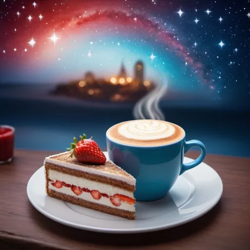 Prompt: round vignette with blurred edges background night starry sky,in the foreground a cup of coffee and a piece of cake on a plate, panini, "magic star", red and blue, strawberry iced latte, bright, gm, high detail, fantasy beautifully realistic, drawing animation