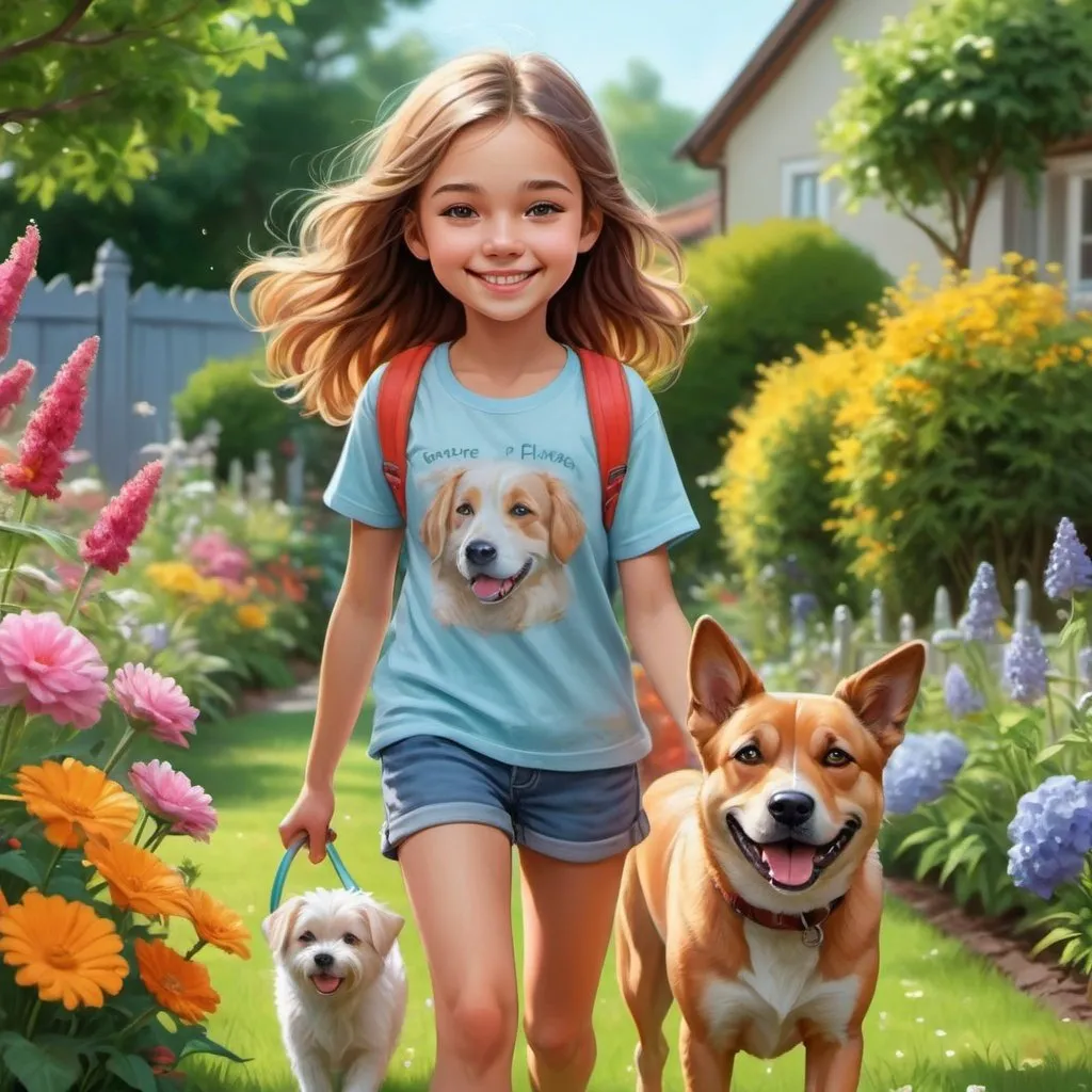 Prompt: a teenage girl walking a dog in the garden, a girl smiling sweetly, realistic body and face features, bright colors, high detail, medium plan, cartoon drawing, trending on imagestation, soft airbrushing,