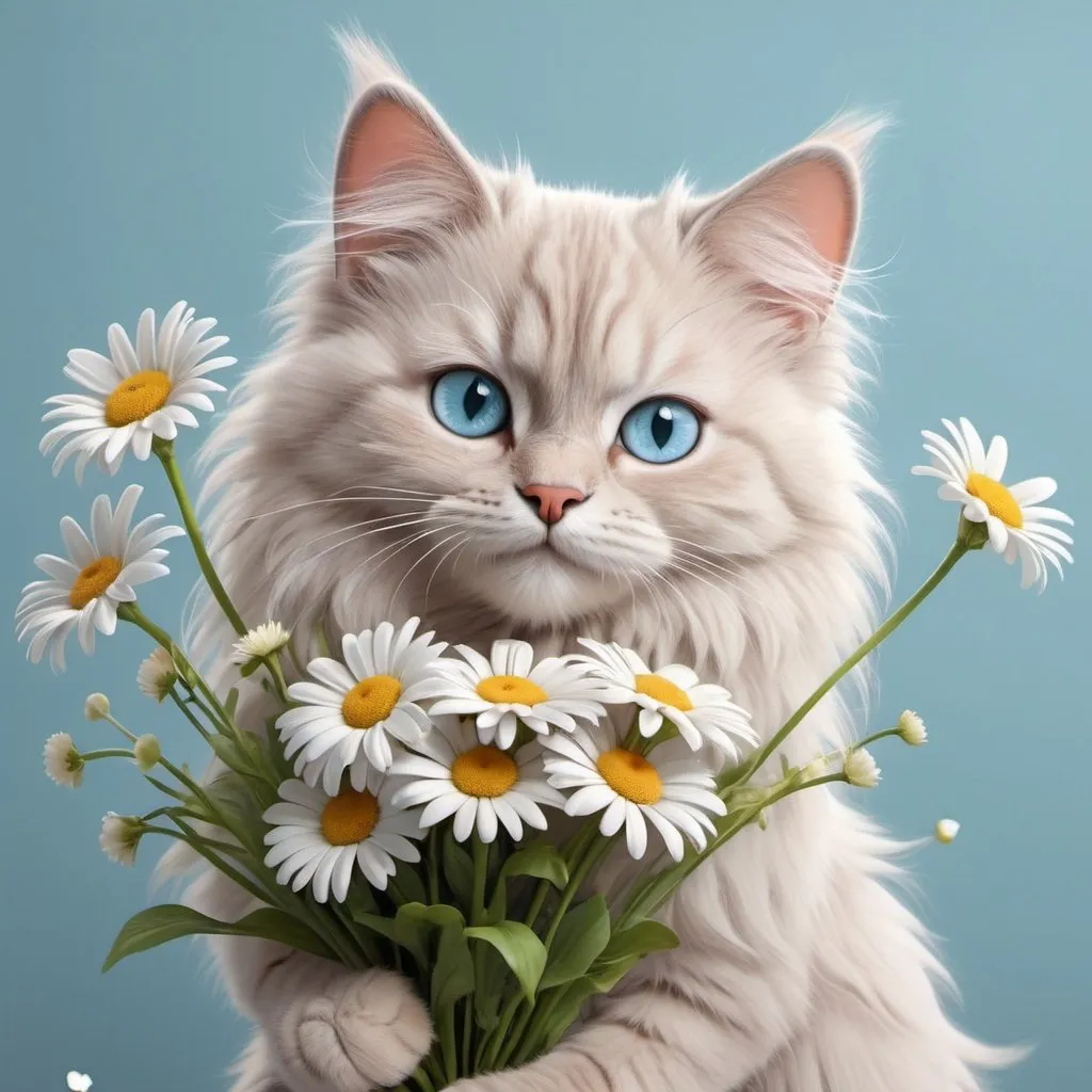 Prompt: Charming fluffy cat holding a bouquet of daisies, ice blue eyes, happy appearance, realistic cartoon, r/aww, HD, beautiful, colorful, realistic, with high detail, animated 3D graphics, stunning