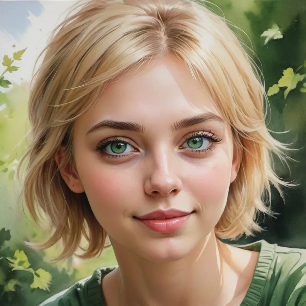 Prompt: atercolor painting
realistic, girl, emphasis on green eyes,with short blond hair, Russian beauty,country image, eyes with eyeliner effect,long eyelashes, sweet smile, plump lips, style,full height, soft lighting, detailed drawing, random angle professional