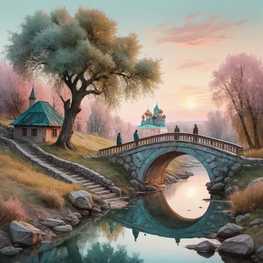 Prompt: Old Russian landscape in the style of Stepan Kolesnikov, Russian stone architecture,atmospheric,several figures,stone, foliage,crowns of branching trees,a small bridge,photorealism,hyperdetalization, fuzzy, pale pink, ochre, olive, turquoise, sunset, dispersion,shimmer, 3d effect,16k,surrealism, careful drawing of details, large-scale watercolor, professional photo, art botanical, hyperdetalization, illustration,
high detail