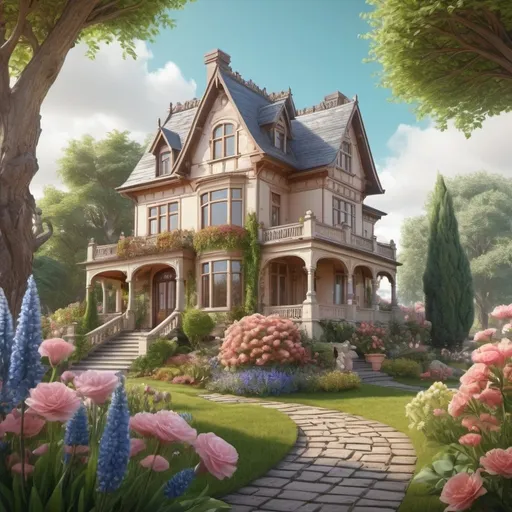 Prompt:  A beautiful fantastic landscape with an exquisite house, a beautiful garden and a vase of flowers. High detail, 3 D drawing, fantasy beautifully realistic