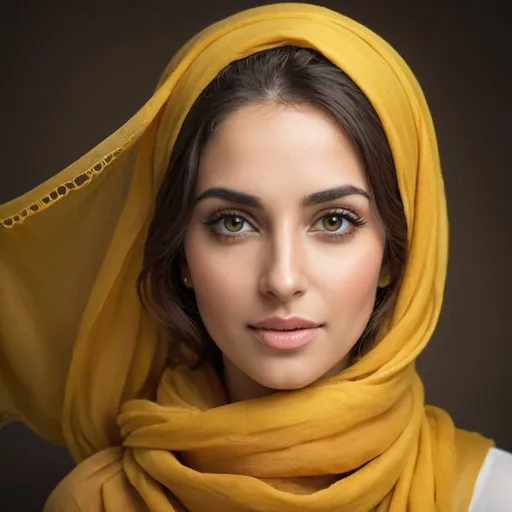 Prompt: a woman with a yellow scarf over her head, flowing golden scarf, beautiful portrait image, beautiful fantasy portrait, beautiful female portrait, beautiful arab woman, young middle eastern woman, beautiful portrait photo, beautiful fantasy art portrait, beautiful woman portrait, beautiful feminine face, arabian beauty, beauty woman with detailed faces, very beautiful portrait, beautiful iranian woman