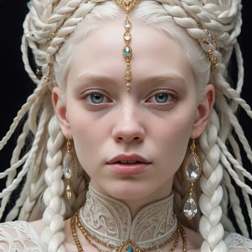 Prompt: A close-up of an albino girl with the white hair is braided into many afto-braids,  wearing an intricate veil, adorned with tiny and gorgeous jewels and beads, crystalline shimmer, focus on the face, with intricate details in the style of James Jean and Moebius, with hyper realistic photography and an epic composition, trending on artstation with sharp focus from a studio photo shot with intricate details and high detail.